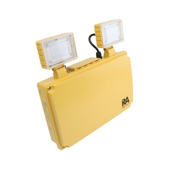 110V site emergency LED twin spotlight 4W 500lm yellow polycarbonate housing twin adjustable heads three-quarter view | CMT Group UK