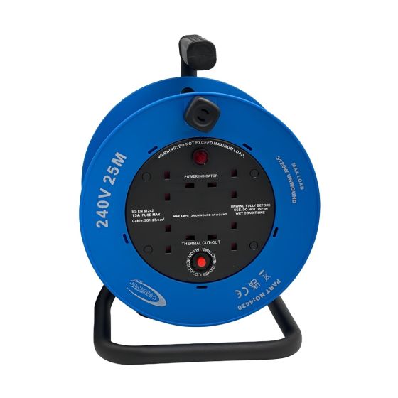 25m cable reel 240V blue drum four 13A sockets thermal cutout neon indicator front view | CMT Group UK