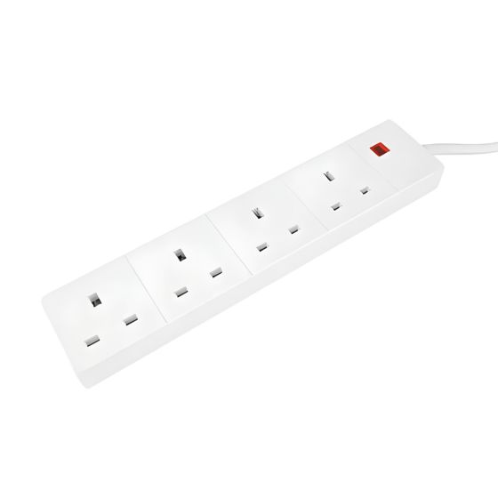 4 gang extension lead 5m white cable full length view showing 13A fused plug | CMT Group UK