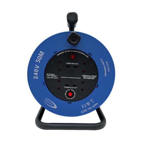 50m cable reel 240V blue drum four 13A sockets thermal cutout neon indicator front view | CMT Group UK