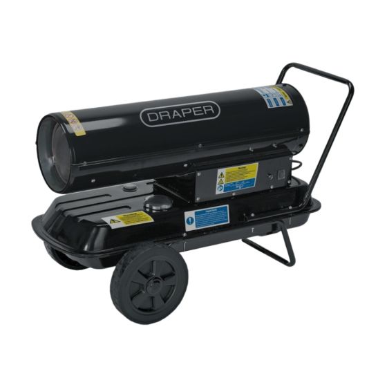 Draper 230V diesel and kerosene space heater 20kW direct-fired black powder coat front three-quarter view | CMT Group UK