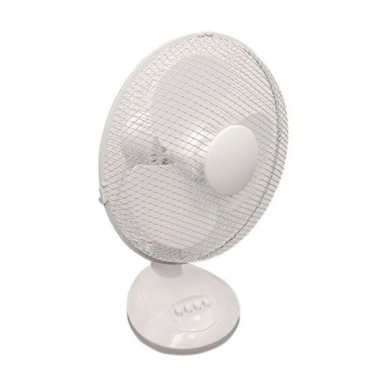 Oscillating desk fan 12 inch mesh safety grill front view on white background | CMT Group UK