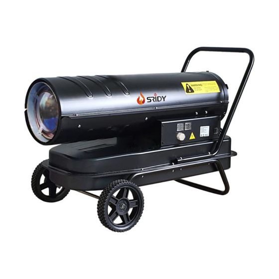 Diesel and kerosene space heater 30kW direct-fired black steel body front three-quarter view with transport handle | CMT Group UK