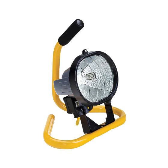Defender 110V halogen site floodlight 400W 8400lm on yellow steel floor stand with rubber handle front view | CMT Group UK
