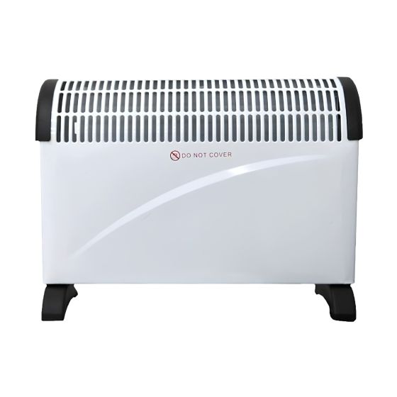 240V electric convector heater 2kW white body black feet front view | CMT Group UK