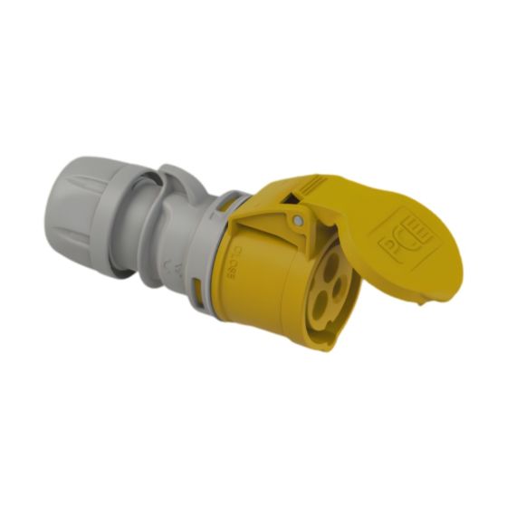 110V 16A IEC 60309 socket yellow female connector 2P+E site coupler angled view | CMT Group UK