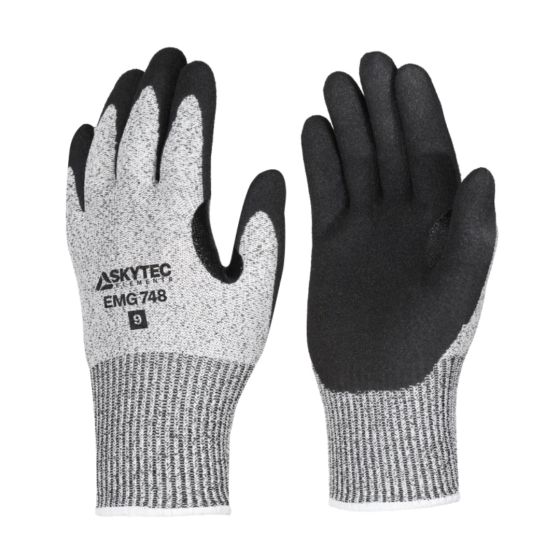 Cut resistant sandy nitrile gloves grey HPPE liner black palm coating front and back pair | CMT Group UK