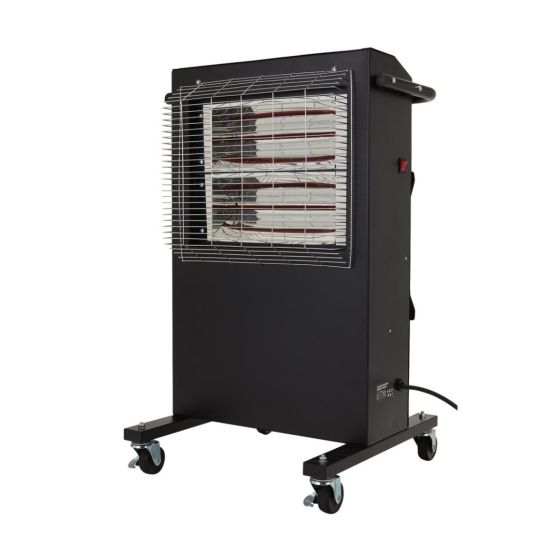 110V infrared cabinet heater 2.4kW black powder-coated cabinet twin halogen elements front view | CMT Group UK