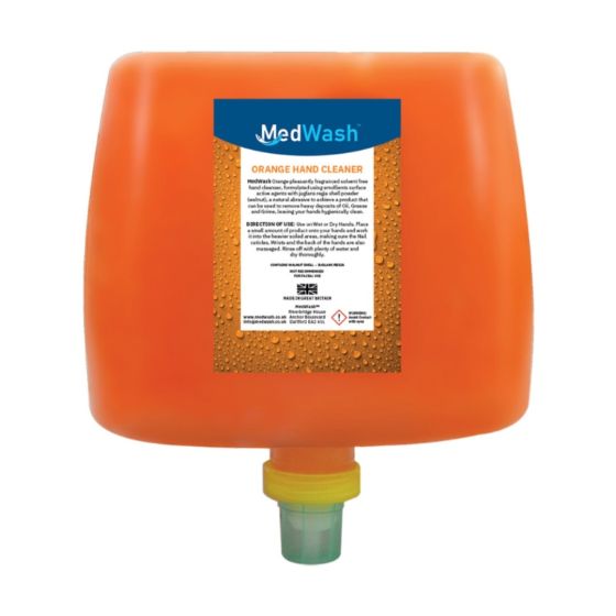 MedWash orange hand cleaner cartridge fitted into 2 litre wall-mounted dispenser | CMT Group UK