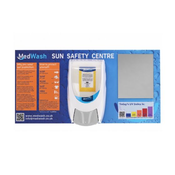 MedWash Sun Safety Centre wall-mounted station with mirror and UV chart
