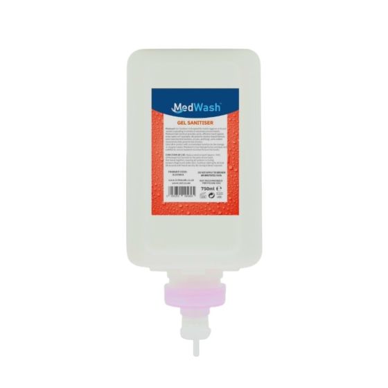 MedWash Gel Sanitiser Refill Cartridge 750ml orange bottle front label view | CMT Group UK