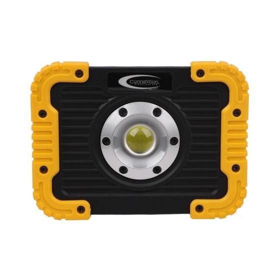 110V rechargeable COB LED work light 10W 800lm yellow and black front view showing COB LED and Nylon TPR housing | CMT Group UK