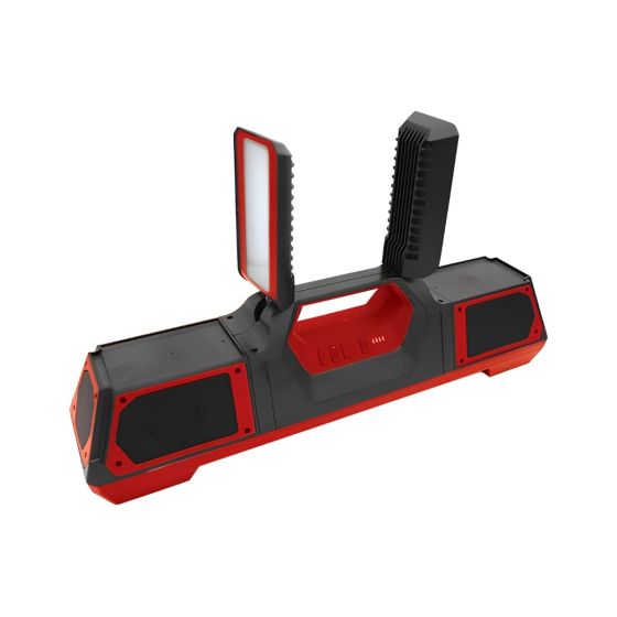 MAX rechargeable LED work light Bluetooth speaker 40W 4000lm twin panels extended red and black front view | CMT Group UK