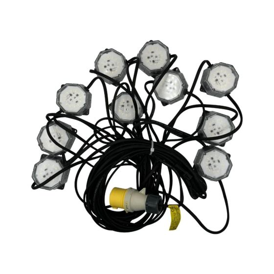 110V LED festoon lighting kit 22m black rubber cable with 10 IP54 LED fittings and Ceeform plug | CMT Group UK