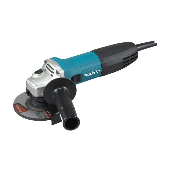 Makita 115mm 110V angle grinder GA4530R/1 full view with side handle and grinding disc fitted | CMT Group UK