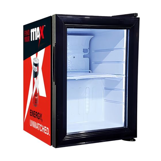 MAX mini drinks fridge 21L side view showing depth and adjustable levelling feet | CMT Group UK