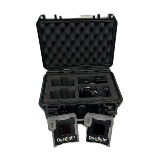 IP67 hard case for Dustlight open showing 2 Dustlight units in custom foam interior with charging cables | CMT Group UK