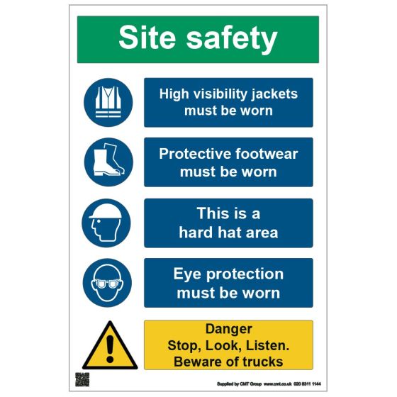 Site Sign - 3mm Correx - 420x594mm - PPE Required / Danger Stop. Look. Listen.