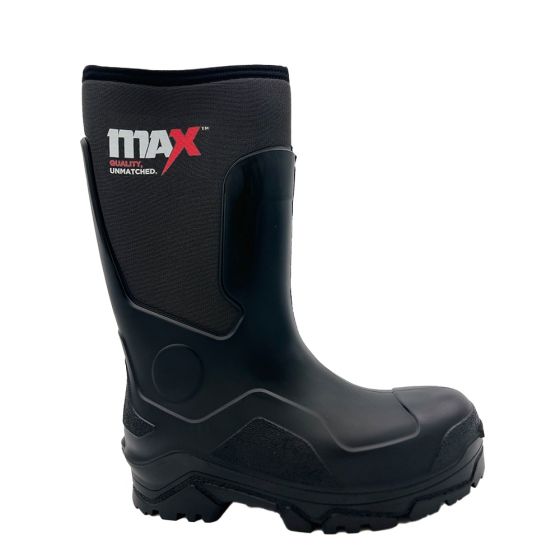 MAX MX20 Neoprene Safety Wellington Boots – PU Lightweight & Antibacterial Treated Lining – S5L SR – Black outer side view | CMT Group