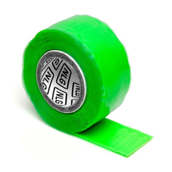 NLG tether tape 5kg self-amalgamating silicone green roll with NLG hub label front view | CMT Group UK