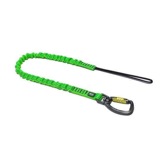 NLG bungee tool lanyard flat coiled view showing climbing cord loop and Rotobiner carabiner with NLG ID tag | CMT Group UK