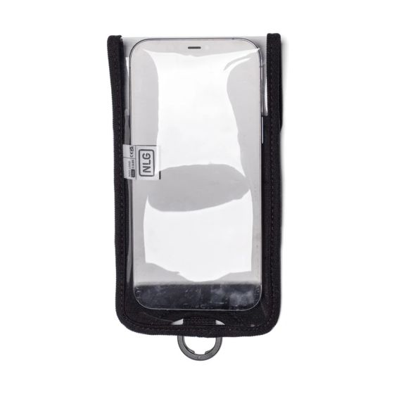 NLG phone case front view touch sensitive clear screen panel D-ring at base and NLG label | CMT Group UK