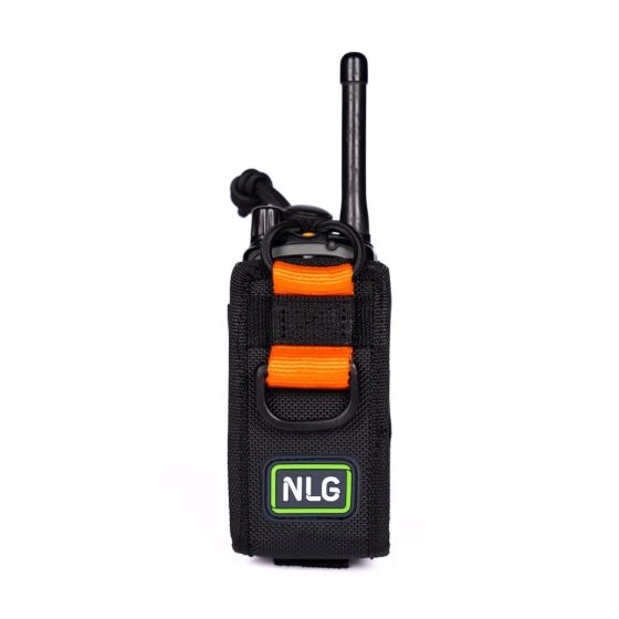 NLG radio holster front view black dual-layer ballistic construction orange bungee retention D-ring two-way radio inside | CMT Group UK
