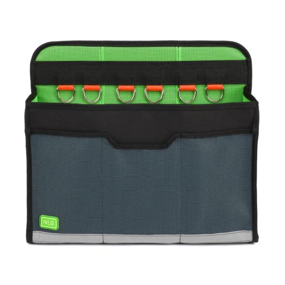 NLG MEWP Bag 30kg rail-mount tool bag open front view showing Mega Mesh lined interior pockets | CMT Group UK