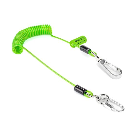 NLG lightweight coil tool lanyard vertical view showing dual rotating connectors and compact green coil on white background | CMT Group UK