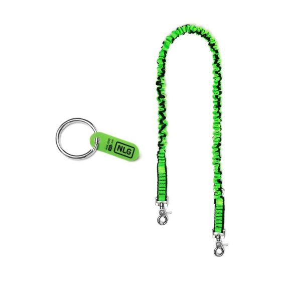 NLG spanner tethering kit showing Tether Ring Medium and Extended Bungee Lanyard with Quick Clips flat lay | CMT Group UK