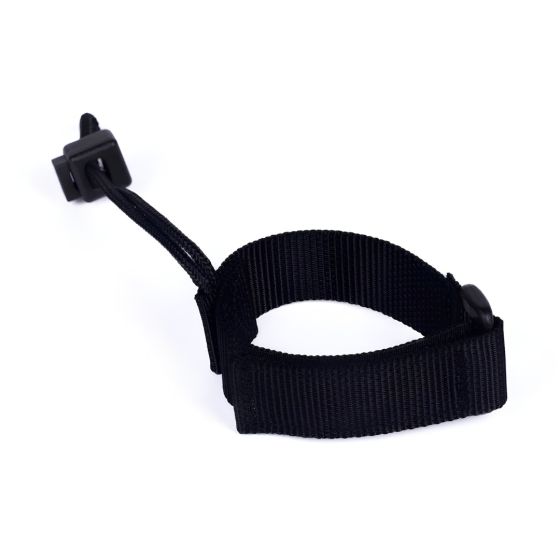 NLG GO wrist lanyard black velcro wristband angled view showing integrated cord tether and choke loop | CMT Group UK