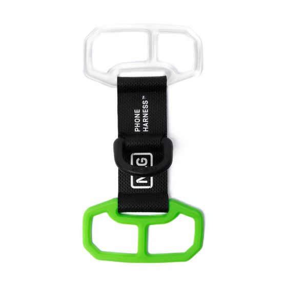 NLG phone harness Rivertex webbing and two-piece silicone cradle components flat lay front view | CMT Group UK