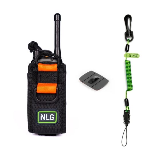 Complete radio tethering kit fitted to two-way radio with mini coil lanyard attached showing full three-component system | CMT Group UK