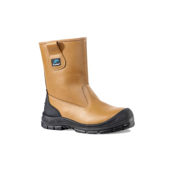 ProMan Chicago Tan Leather (PM104) Rigger Boot – Fur-Lined – S3 SRC Steel Toe front angled view showing pull-on design and PU scuff cap | CMT Group