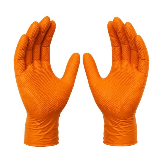 Orange nitrile diamond grip disposable gloves 6.0mil front view showing raised diamond texture pattern | CMT Group UK