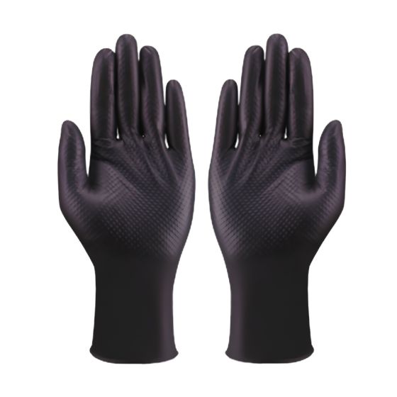 Black nitrile diamond grip disposable gloves 8.6mil front view showing raised diamond texture pattern | CMT Group UK