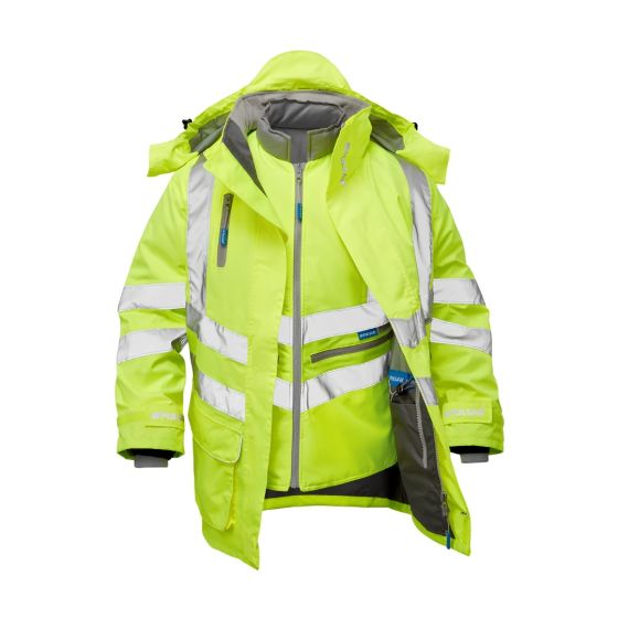 Pulsar Protect P487 7-in-1 hi-vis yellow storm coat open showing body warmer inside interactive zip system | CMT Group UK