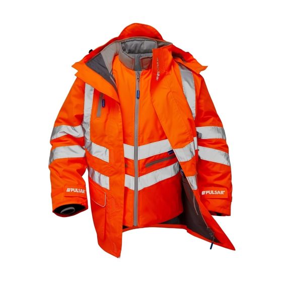 Pulsar Protect PR497 7-in-1 hi-vis orange storm coat open showing body warmer inside interactive zip system | CMT Group UK