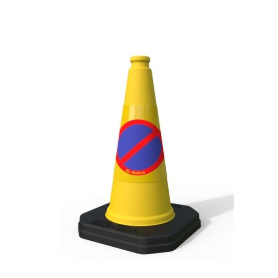 No waiting traffic cone one-piece yellow 460mm with circular blue and red no waiting symbol sleeve full view | CMT Group UK