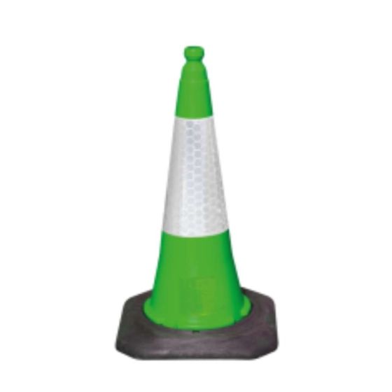 750mm two-piece green road traffic cone with white prismatic reflective sleeve full view | CMT Group UK