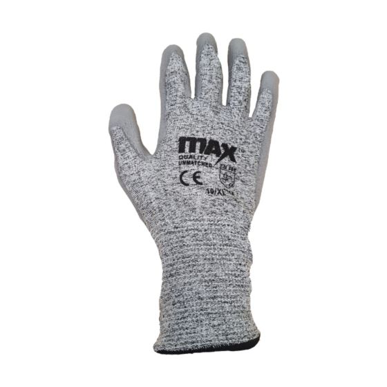 MAX HPPE steel composite PU palm coated cut resistant gloves grey marl liner grey PU coating front view TDM Level E | CMT Group UK
