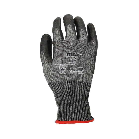 MAX HPPE steel composite PU palm coated cut resistant gloves grey marl liner black PU coating front view TDM Level F | CMT Group UK