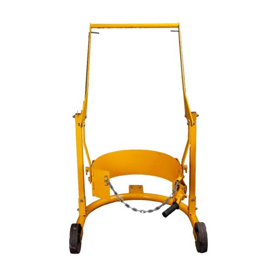 Mobile drum lifter and truck 210 litre yellow chassis front view showing chain clamp and ergonomic handle | CMT Group UK