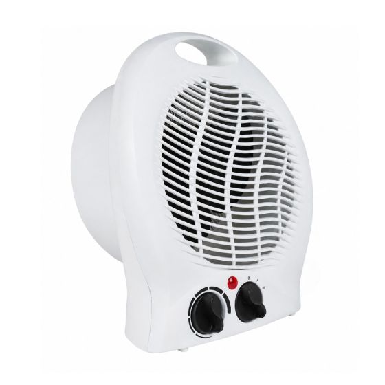 Portable fan heater 2kW slimline profile side view showing 11.5cm depth against wall | CMT Group UK