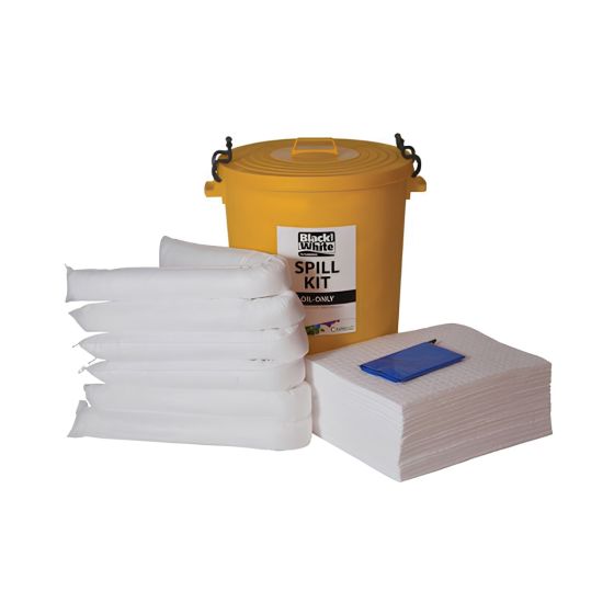 90 litre oil-only spill kit yellow plastic drum with clip lid showing absorbent pads socks and hazard bags | CMT Group UK