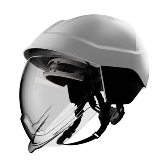 Arc flash safety helmet side view visor open textile chinguard deployed covering chin and ears | CMT Group UK