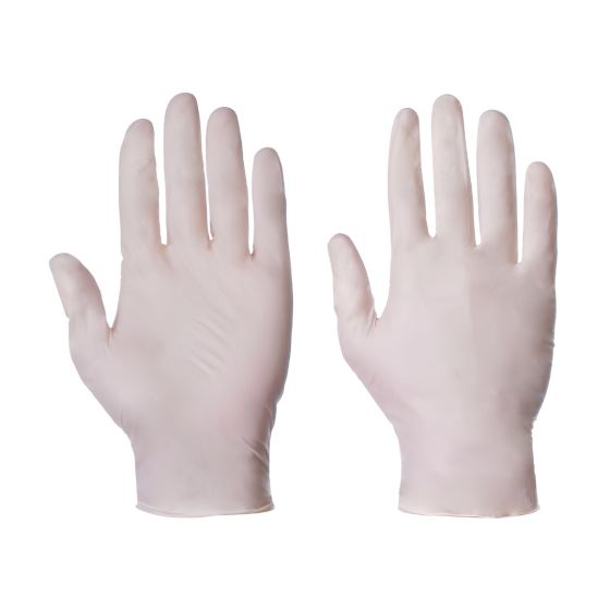 Natural colour latex powder-free disposable gloves front and back view showing micro textured fingers | CMT Group UK