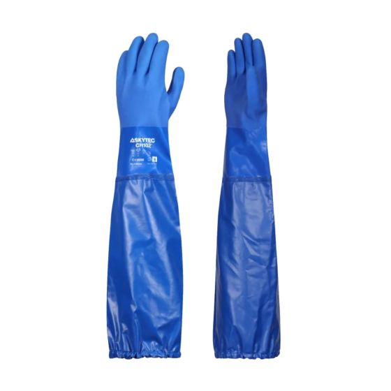Triple-dipped PVC chemical gauntlets blue extended cuff front and back pair 300mm oil resistant | CMT Group UK