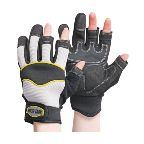 Polyco Multi-Task 3 synthetic leather open finger gloves black grey pair front and back view sizes 9 10 | CMT Group UK