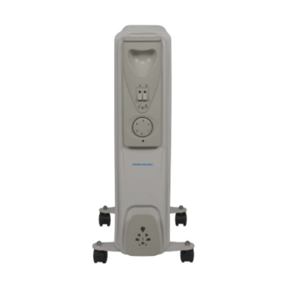 White portable oil filled radiator 2kW 9 fin front view showing power switches and thermostat control | CMT Group UK